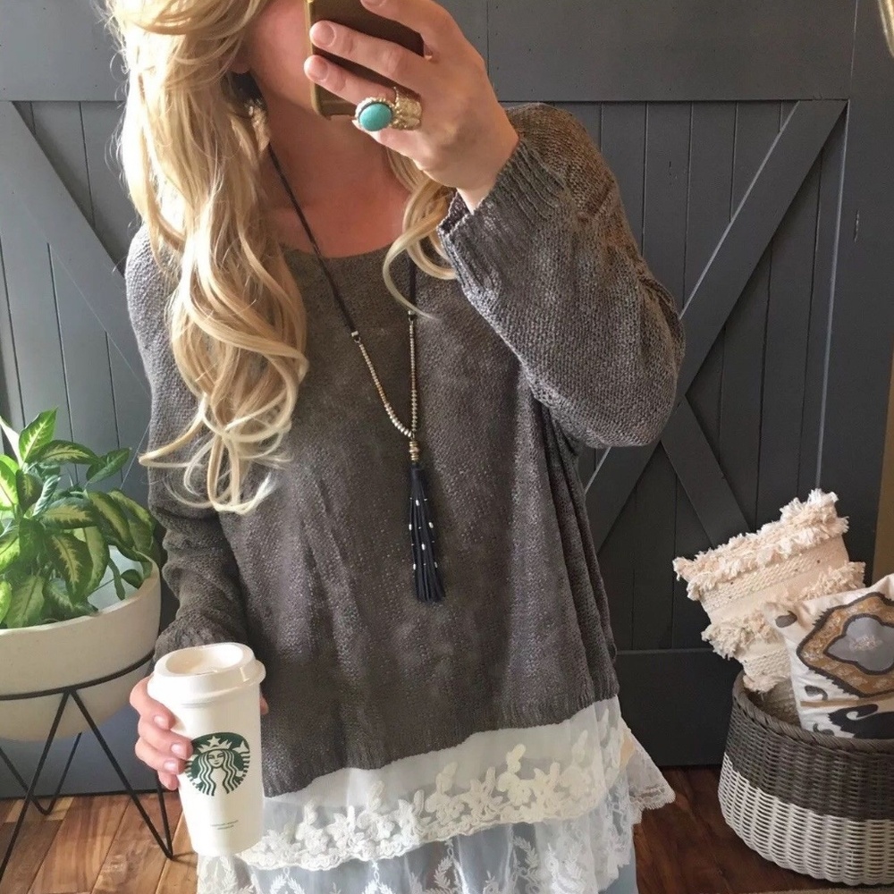LAST ONE!  Long Sleeve Knit Grey Lace Hem Sweater - Picture 2 of 8